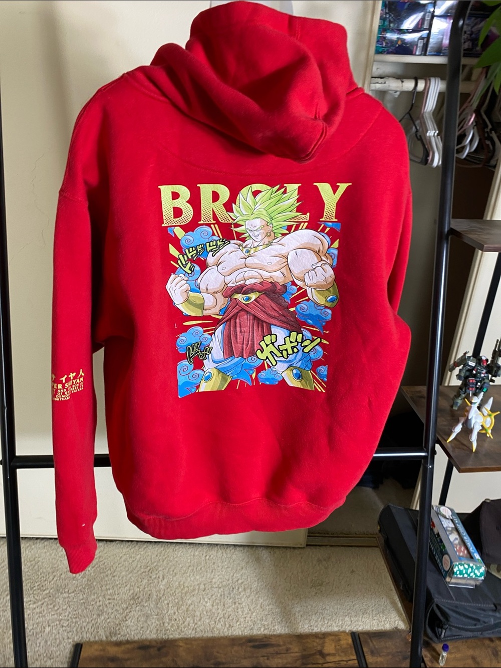 Dragonball Z Broly Saiyan Red Pullover with Gold Text Accent - Men's Hoodie
